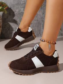 Women's Leopard Print Suede Colorblock Platform Sneakers, Retro Height Increasing Non Slip Walking Trainers - Brown - View 8