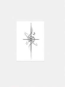 1 pieza Pegatina de tatuaje artística de estrella, luna y Polaris, diseño de línea degradada estilo Ins, pegatina de tatuaje de estrella y luna oscura, diseño de línea de trayectoria de rayos de estrella, pegatina de tatuaje para muñeca y clavícula - Multicolor - Ver 3