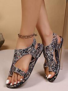 Women's Summer Fashion Elegant Versatile Bohemian Print Thong Sandals, Hook And Loop Flat Shoes - Black - View 4