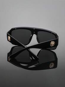1 Pair Men's Black & Gold Top Beam Embossed Badge Square Frame Glasses, Light Luxury Vintage High-End Elegant Luxurious Classical Fashion Eyewear, Suitable For Vacation, Gathering, Dinner, Party - Multicolor - View 8