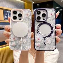 磁吸花朵 Apple 17/16/15/14/13/12 Pro Max 手機殼，磁吸充電保護殼，透明極簡高級防摔 - 白殼-玉蘭花 - 查看 6