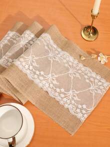 1 Stück Tischläufer-Set aus Jute und Spitze - 100% gewebter Jute-Stoff, quadratisch, rustikaler Landhausstil, geeignet für Hochzeit, Thanksgiving, Weihnachtsfeier Dekoration - Hellgelb - Übersicht 2