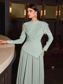 Elegant And Charming Women's Long Sleeve Formal Dress, Featuring Pleated Bust Detail, Shoulder Applique, Asymmetric 2 In 1 Design, And Flared Extra-Wide Skirt, Soft Fabric Suitable For Parties, Banquets, And Galas - Mint Green - View 4