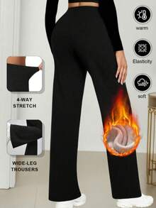 Women's Solid Color High Waist Fleece Lined Wide Leg Pants, Designed For Autumn/Winter Warmth, Casual Style, Suitable For Outdoor Wear - Black - View 4