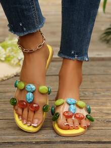 Summer Bohemian Style Colorful Faux Gemstone Transparent One-Strap Flat Sandals For Women, Orange Outdoor Vacation Beach Slides, Beach Floral Home Beach - Yellow - View 5