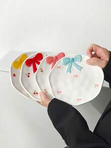 1/2/4pcs Embossed Cute Bow Ceramic Plates, Korean Style Minimalist Ceramic Plates, Afternoon Tea Dessert Plates, Coffee Cup Trays, Breakfast Plates, Casual Snack Plates, Cake Plates, Candy Plates, Gift Tableware, Plates, Suitable For Various Scenes Office, Restaurant - Multicolor - View 6