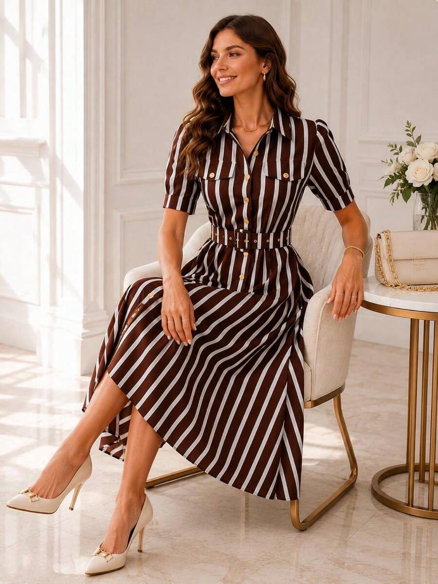 Women's Midi Shirt Dress With Front Buttons And Belt - Elegant Wedding Casual Fashion - 鏽棕色 - 查看 1