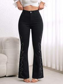 Women's Black Mid-To-High Waist Flared Jeans, Heavy Rivet Geometric Pattern Decorated Slim Fit Stretch Bell Bottom Pants, Fashionable Autumn New Clothing - Black - View 2