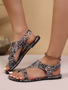 Women's Summer Fashion Elegant Versatile Bohemian Print Thong Sandals, Hook And Loop Flat Shoes - Black - View 3