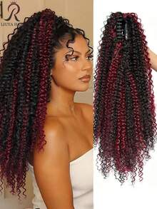 24 Inch Deep Brown Deep Wave Clip-In Ponytail Hair Extension - Heat Resistant Synthetic Fiber, Natural Curly Hair Styling Accessory, Suitable For Women's Daily Use, Daily Hairstyle Styling Accessory, Voluminous Curly Heat Resistant Fiber Wig - Red Highlight - View 12