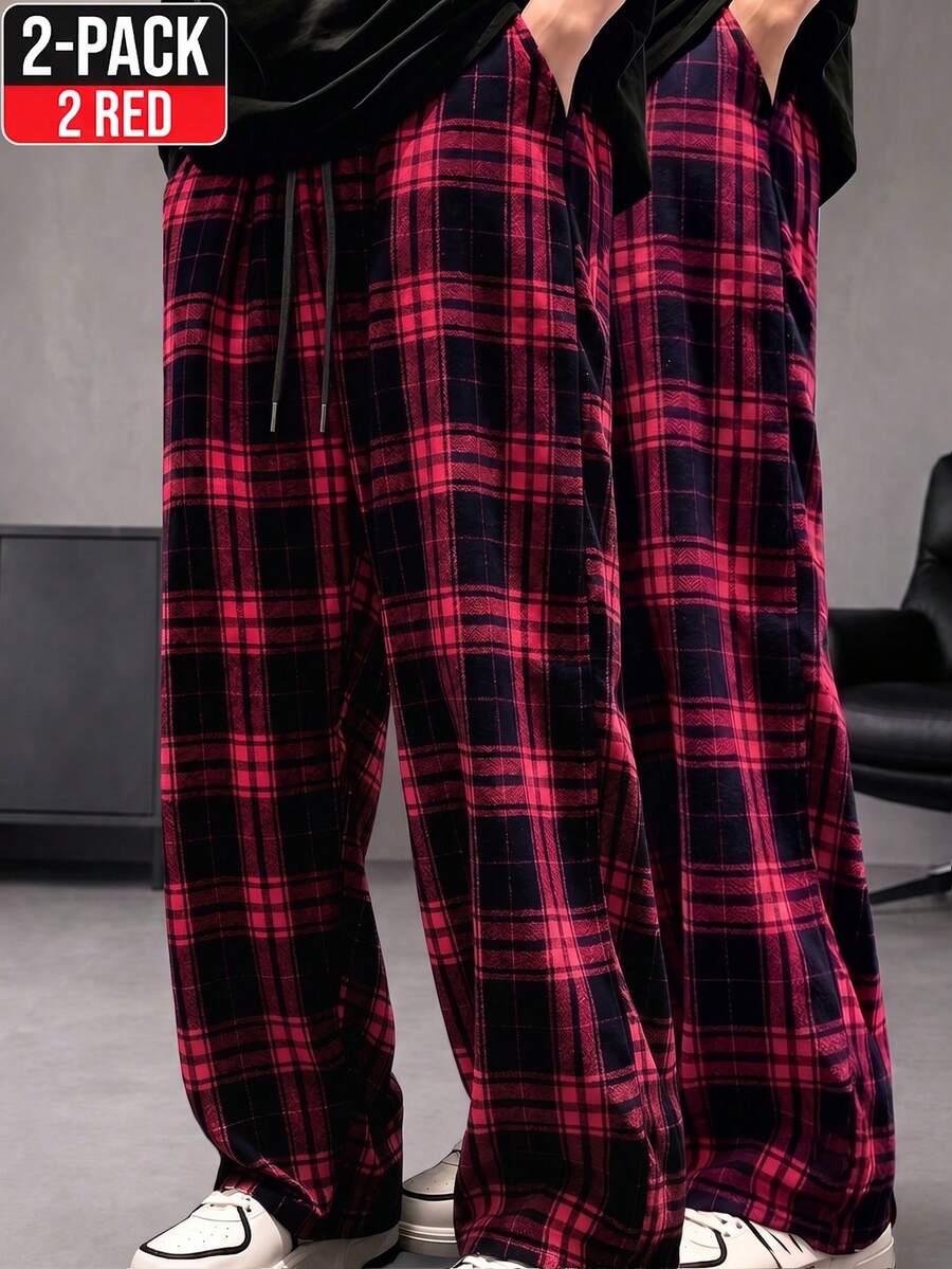 HEYKESON Men's Plaid Casual Spring/Autumn Long Pants 2 Pieces Set - Red - View 1