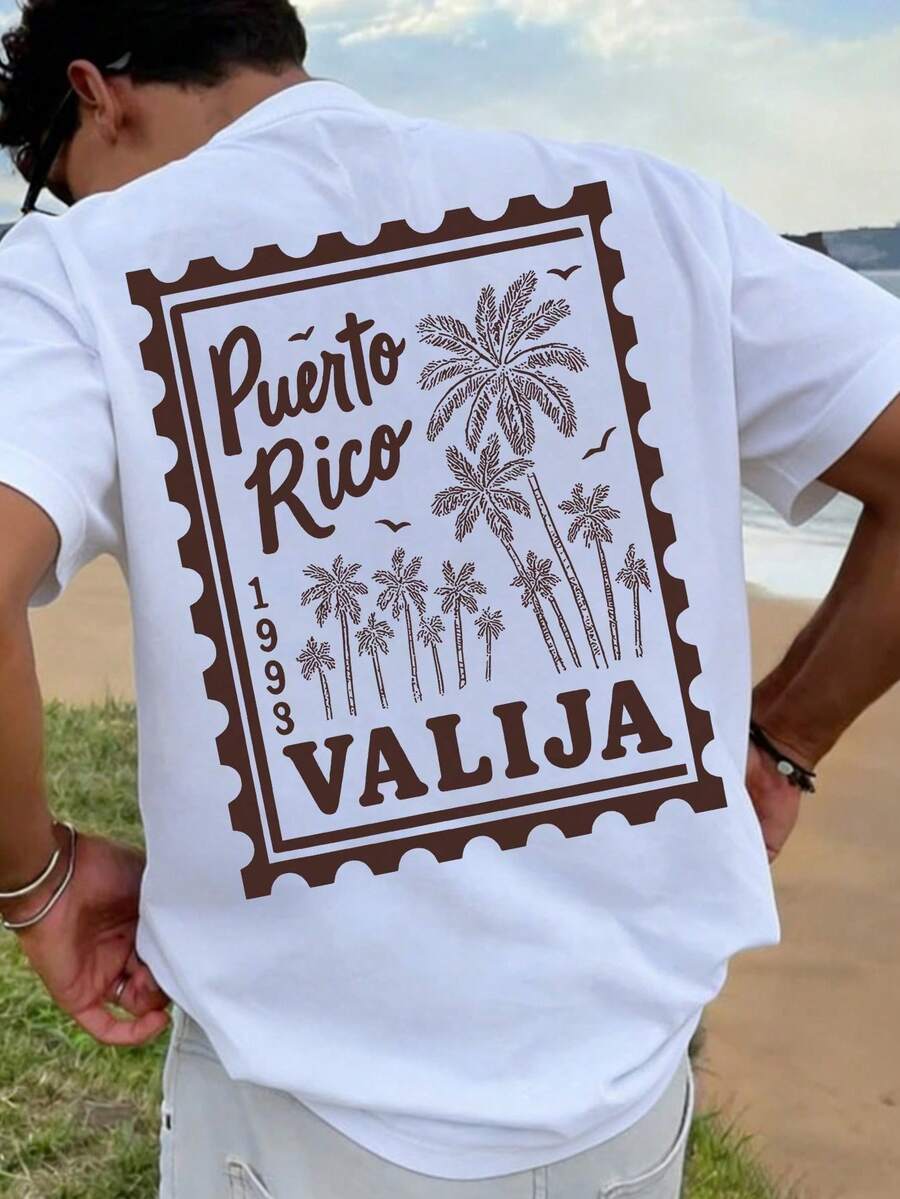 Men's Short-Sleeved T-Shirt, Casual Vacation Style, Minimalist Retro Hawaiian Palm Tree Print, Ideal For Summer, Comfortable And Breathable, One Of The Key Summer Fashion Tops - White - View 1