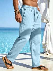 Men's Casual Minimalist Solid Color Pocket Drawstring Light Blue Comfortable Loose Linen Long Pants, Suitable For Spring, Summer, Autumn, Winter - Light Wash - View 6