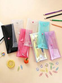 1PC Shiny Transparent Button Pencil Case | Holographic Transparent PVC Storage Bag, Stationery Pouch, Back To School Season - Multicolor - View 3