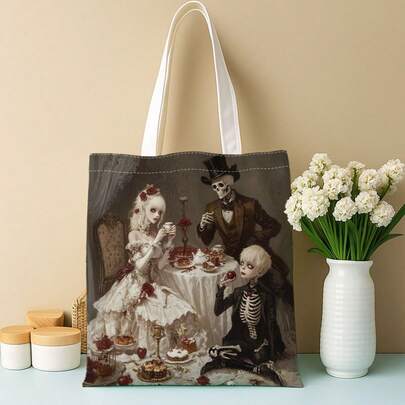 1pc Gothic Victorian Skull Tea Party Tote Bag For Women - Featuring Tassel Trim, Adjustable Wrist Strap And Shoulder Strap Design, Spacious Reusable Shopping Bag, Durable Handbag Washable