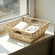 Simple Square PVC Rattan Storage Basket, Beige, Gray, White, Hand-Woven Breathable Structure For Home & Dorm Use, Sundry Organizer, Fruit Container, Desktop Arrangement Bin - Storage Baskets - View 2