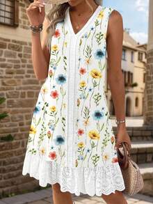 Vestido de verano de moda para mujer con cuello en V, estampado floral de patchwork, sin mangas, adecuado para uso casual diario, vacaciones al aire libre, vacaciones blancas, elegante - Blanco - Ver 4