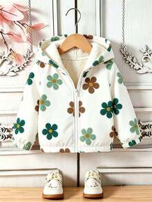 Young Girl Floral Print Warm Hooded Jacket - White - View 2