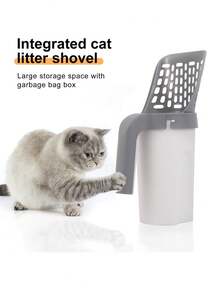 1pc All-In-One Cat Litter Scoop With Built-In Trash Bag Set, Detachable Pet Cleaning Tool, Large Capacity Cat Litter Shovel For Cats And Dogs, Poop Scooper Tool - Light Grey - View 9