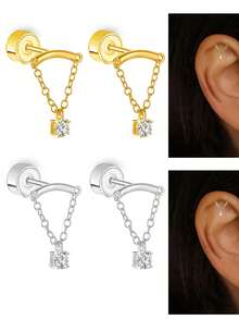 1 paire de boucles d'oreilles à tige pour piercing de cartilage avec chaîne pendante délicate ton or & argent et pierres CZ transparentes, bijou d'oreille multifonctionnel type cuff/hélix, élégant pour le port quotidien - boucle - Voir 1