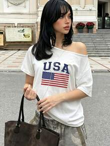 美式Y2K辣妹風美國國旗印花大圓領不對稱單肩短袖針織T恤，微彈修身合身上衣，日愛國節日旅行拍照百搭女裝 - 白色 - 查看 3