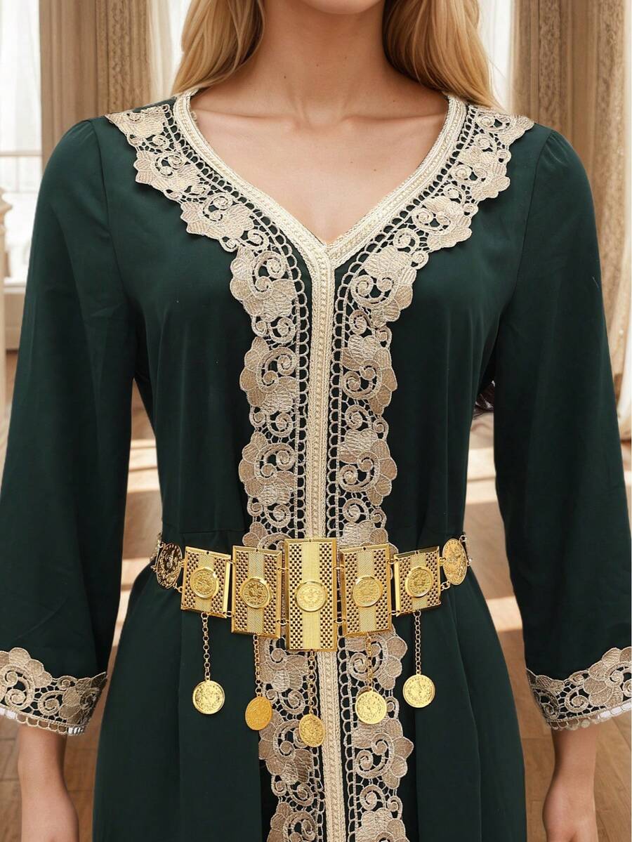 1pc Turkish Coin Style Women's Waist Chain, Palace Vintage Style Arabic Women's Long Robe Waist Chain, Traditional Festival Clothing Belt, Women's Holiday Gift, Bridal Waist Belt - Gold - View 1