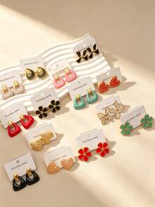 18pcs/Set Women's Stainless Steel Earrings (Random Style), Featuring Colorful Enamel Floral, Heart And Bow Designs, Fashion Daily Accessories - Multicolor - View 2