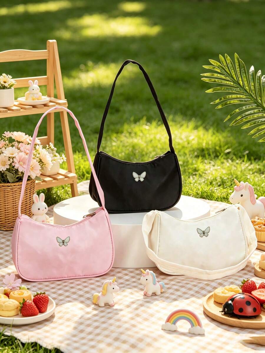 1pc Solid Color Nylon Zipper Butterfly Print Shoulder Underarm Bag. Minimalist And Fashionable, Suitable For Daily Use. Smooth Zipper, High-End Solid Color Matching, Also A Great Gift. - Multicolor - View 1