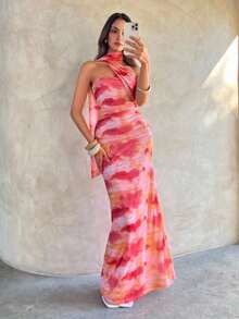Vestido de mujer elegante y sexy con estampado floral de malla - Celeste - Ver 5