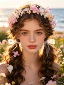 1pc Women's Mori Style Floral Shell Handmade Headband White Beach Hair Accessory Spring Outdoor Party Accessory Bridal Wedding Headpiece - Pink - View 2