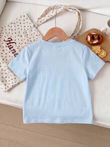 Top casual de verano para niñas con manga corta, estampado de conejo de dibujos animados, rayas de colores, estilo preppy minimalista y lindo - Azul - Ver 2