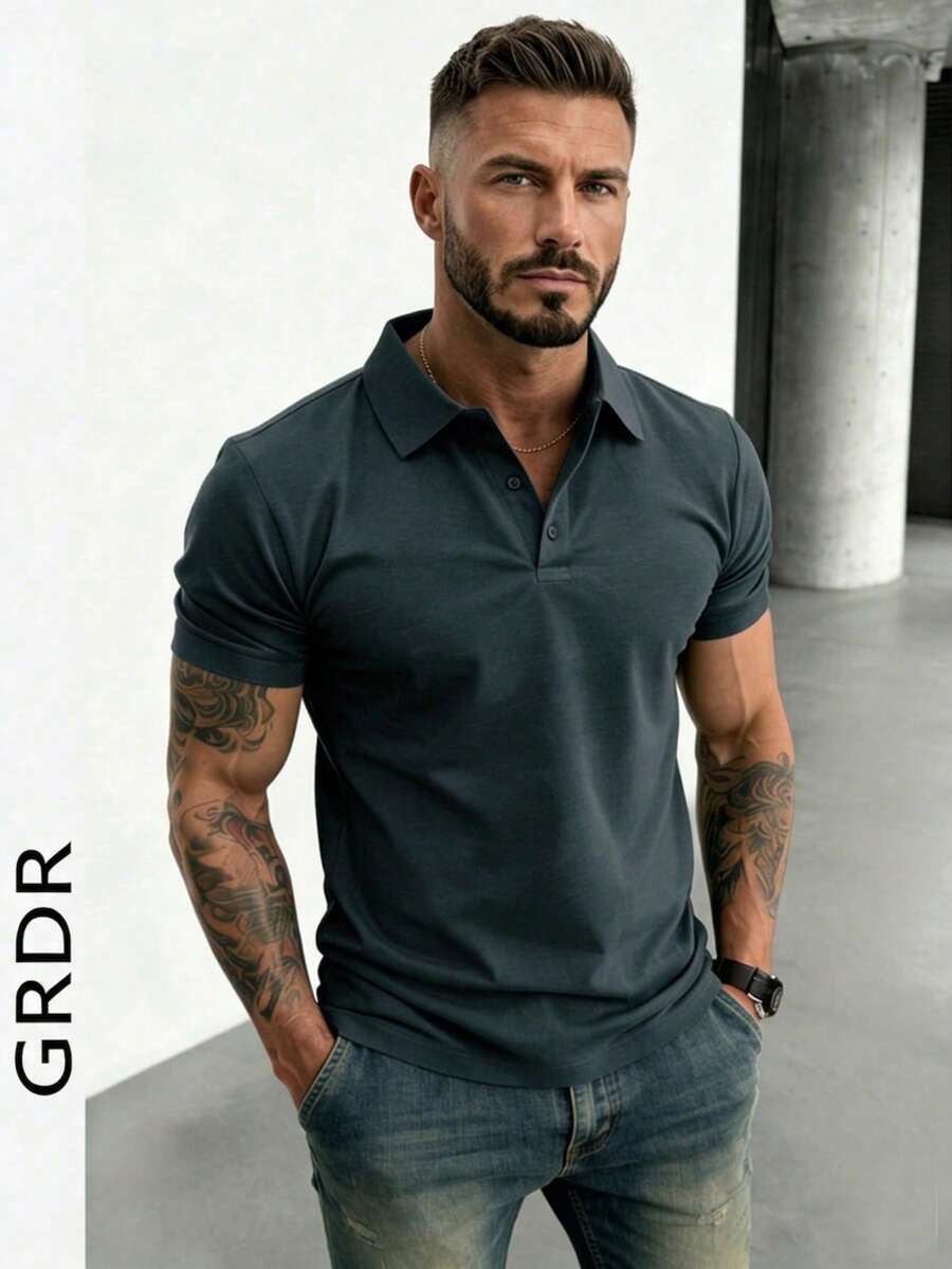 GRDR 男士时尚短袖休闲通勤 Polo 衫 - 深灰色 - 查看 1