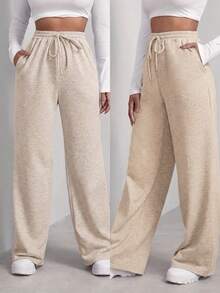 Women's Woolen Pants, Winter Fashion , Wide-Leg Pants - 淺褐色的 - 查看 1