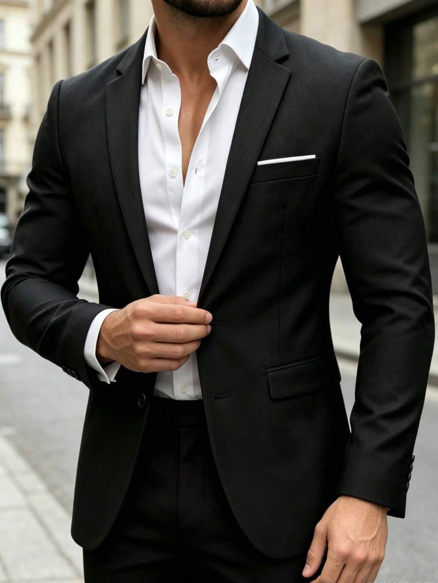 Men's Casual Lapel Single-Breasted Blazer, Elegant Suit Jacket For Spring And Autumn, Suitable For Weddings, Banquets, Business Meetings, Urban Dandy Style - Black - View 1