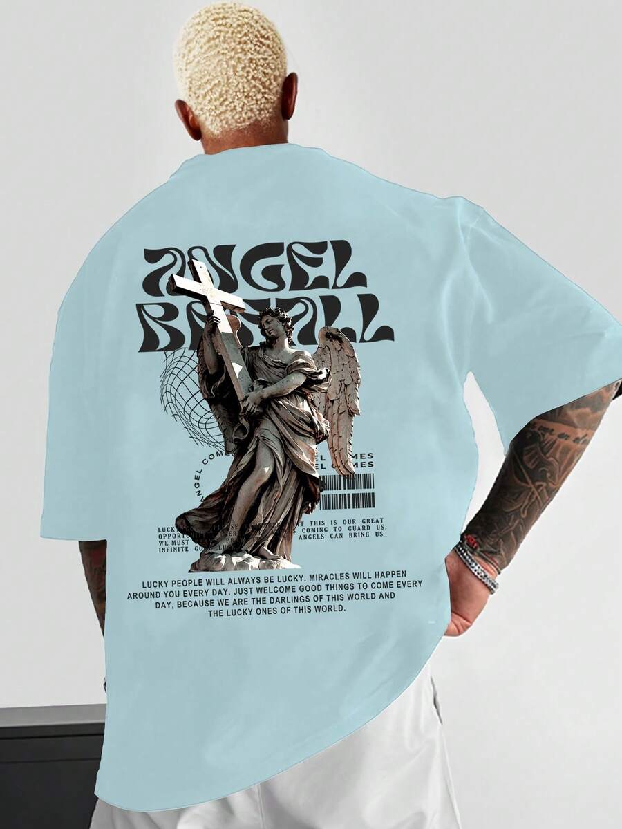 Men's T-Shirt With Angel Print - Blue - View 1