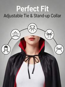 1pc Red & Black Reversible Hooded Cape, Black & Red Color Scheme With Hood, Cosplay Costume Accessory, Masquerade Performance Costume Decoration, Halloween Party Supplies, Adult And Teen Party Supplies - View 8