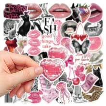 50pcs/Pack Y2K Style Personalized Pink & Black Retro Stickers, European & American Vintage Leopard Print Lips Disco Ball Cherry Element Decals, Millennium Personalized Decorative Stickers, Suitable For Decorating Water Bottles, Laptops, Luggage, Phone Cases, Scrapbooking Materials - Y2K Spice - View 9
