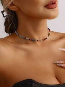 1pc Fashionable Colorful Triangle Geometric Pattern Crystal Collarbone Necklace, Minimalist & Unique, Suitable For Women's Daily Wear, Party, Gathering, Vacation And Travel - Multicolor - View 2