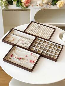 1pc Wooden Velvet Jewelry Tray, Jewelry Storage Display Tray, Drawer-Style Earring Storage Box, Stackable Jewelry Storage Tray - Multicolor - View 5
