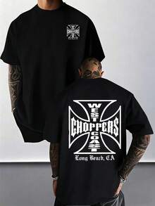 T-shirt homme à manches courtes avec un imprimé croix et lettres inspiré de la côte ouest américaine, t-shirt streetwear décontracté à col rond. - Noir - Voir 1