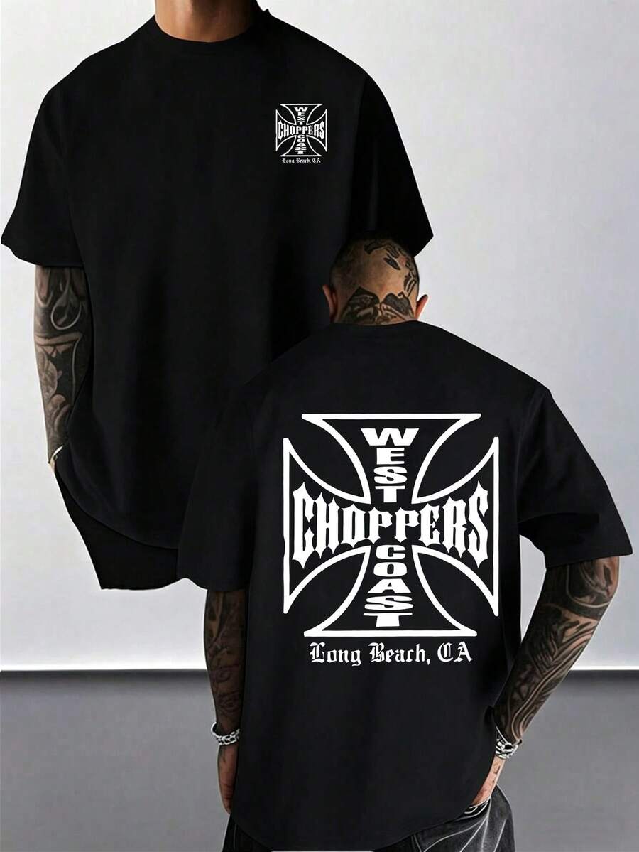T-shirt homme à manches courtes avec un imprimé croix et lettres inspiré de la côte ouest américaine, t-shirt streetwear décontracté à col rond. - Noir - Voir 1