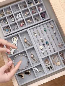 9-Piece Gray Velvet Jewelry Storage Tray Set, Stackable Multi-Compartment Jewelry Organizer Box, Ring, Earring, Necklace, Bracelet, Brooch, Watch Sorting Storage Display Tray, Drawer-Style Jewelry Storage Box, Suitable For Bedroom Vanity, Closet, Drawer And Jewelry Store Display, Home Storage Supplies, Christmas, New Year, Graduation, Mother's Day Gift - Multicolor - View 9