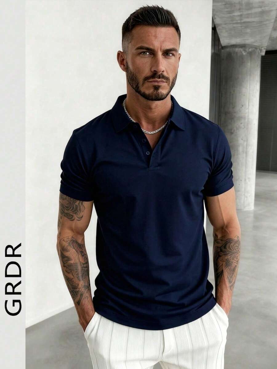 GRDR Men's Fashion Short Sleeve Casual Commuter Polo Shirt - Navy Blue - View 1