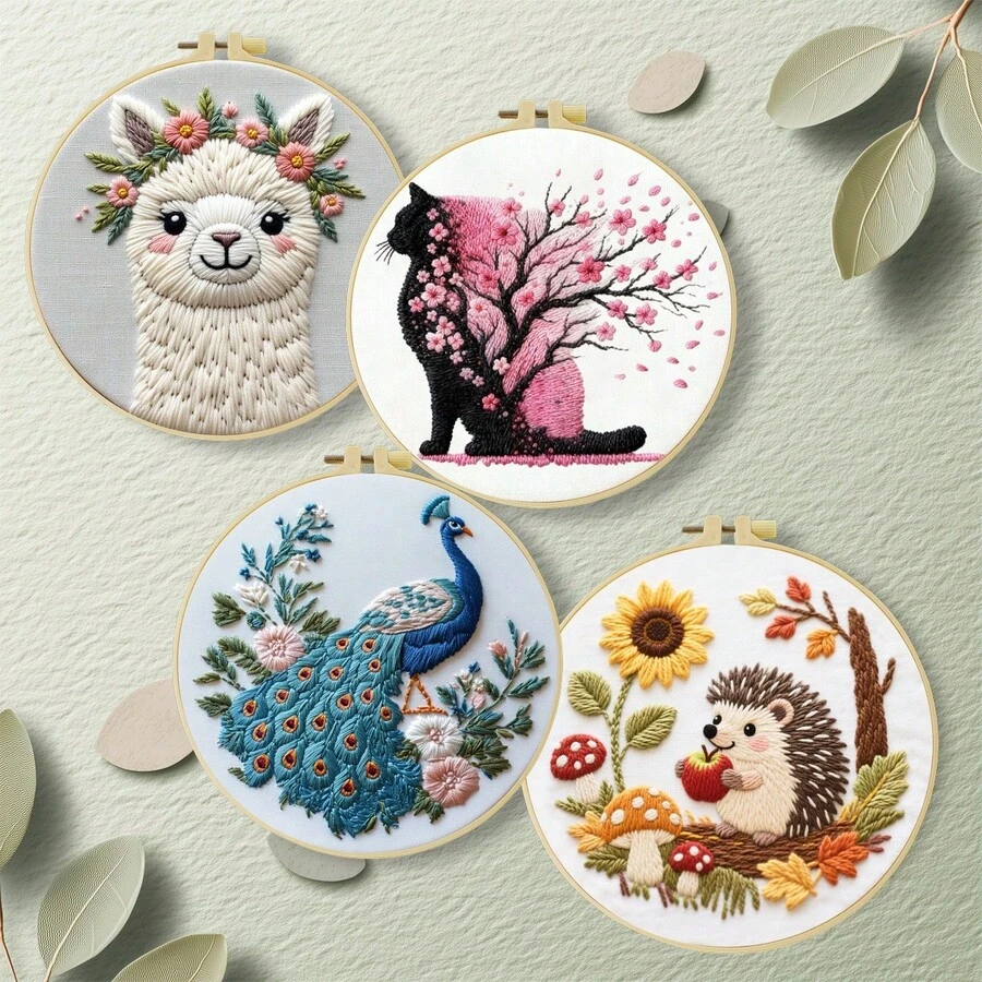 Complete Embroidery Kit 20x20cm/7.9in Cute Animal Patterns: Hedgehog, Fox, Alpaca, Cat And Peacock, Simple Classic Designs, Suitable For Adult Beginners And Animal Lovers, Includes Fabric, Instructions, Embroidery Hoop, Needles And Thread, Perfect Gift, Home/Office Artwork, Relaxing And Soothing