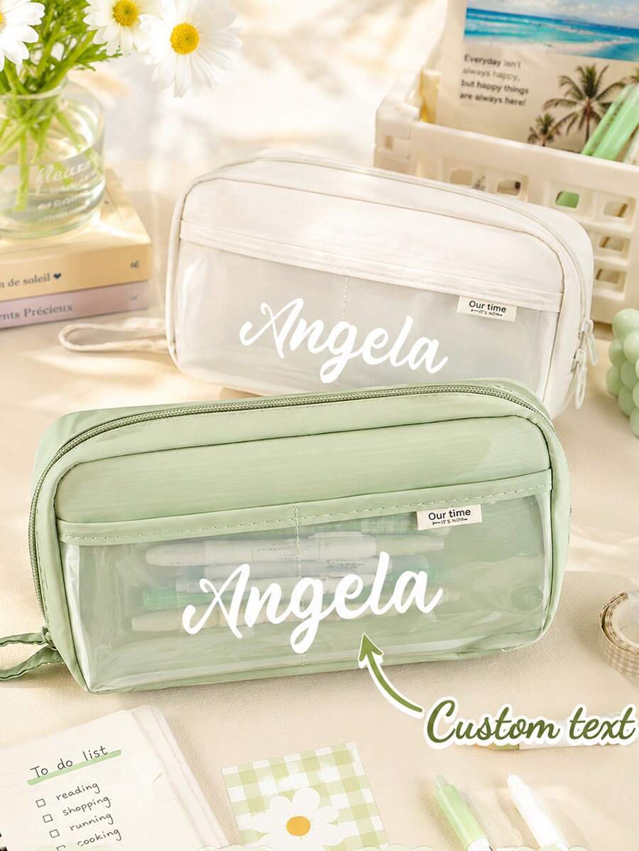 [Custom Name/Text] Pen Bag, Stationery Bag, Pencil Case, Large Capacity Pencil Case, Handheld Pencil Case, Stationery Case, Cosmetic, Portable Gift, For Office - Multicolor - View 1