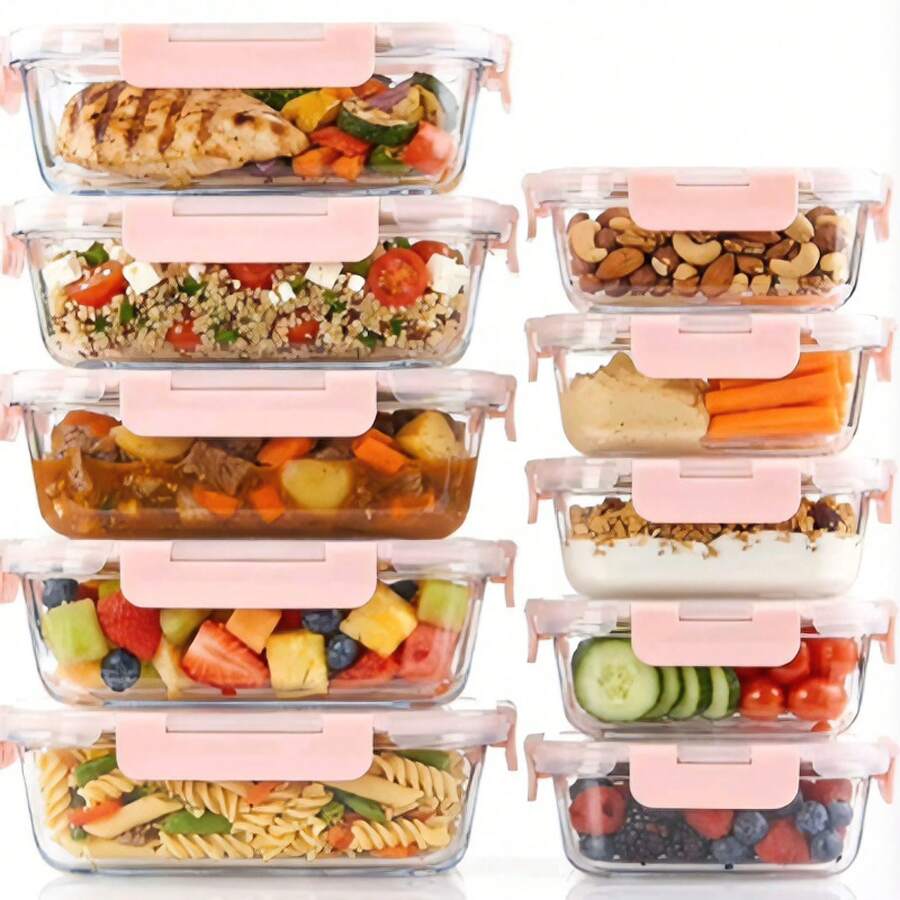 Lot de 20 récipients de stockage alimentaire en verreétiques – 10 récipients + 10 couvercles transparents, étanches, compatibles lave-vaisselle, micro-ondes et congélateur - Voir 1