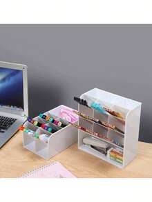 1pc Slanted Multi-Compartment Pen Holder Stationery Storage Box Large Capacity Cosmetic Desktop Organizer Pencil Case - Multicolor - View 3