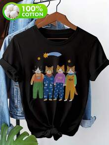 Damen 100% Freizeit T-Shirt, Niedlicher Katzen-Druck mit bunten Kleidern, Kurzarm Rundhals Oberteil für Katzenliebhaber und gemütlichen Stil2026 - Schwarz - Übersicht 1