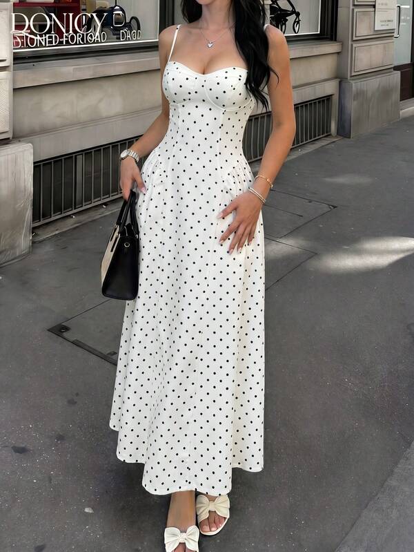 Vestido largo de verano elegante de mujer con tirantes finos y estampado de lunares blancos, vestido fluido para fiestas en la playa y Día de la Madre