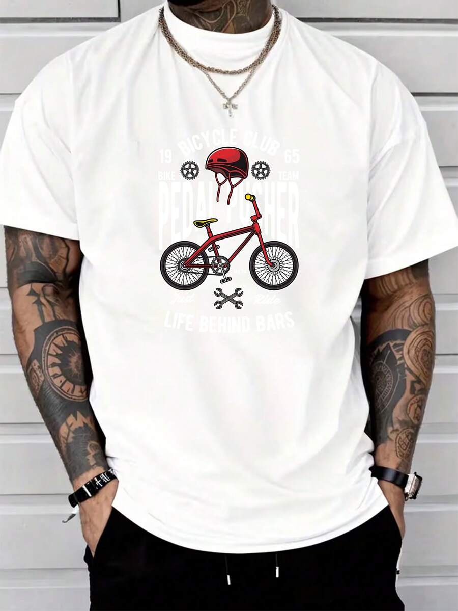 Men's Pure Cotton Short-Sleeved Graphic T-Shirt Bicycle Helmet Wheels Print Casual Daily Loose Fit Top - White - View 1